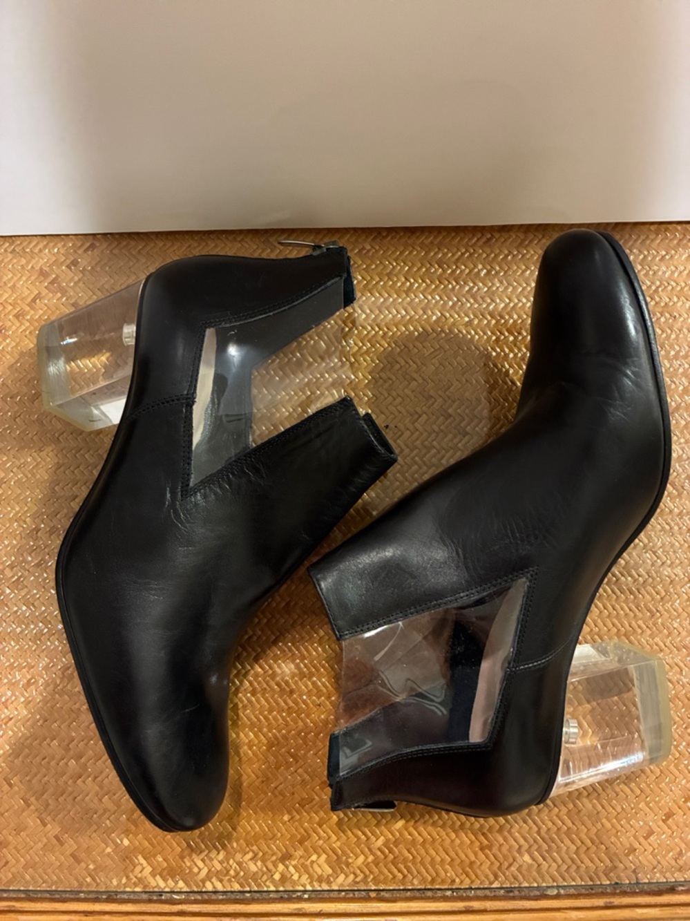 Rich Erani Lucite block heel ankle booties. Back zip, smooth leather. Sz 37